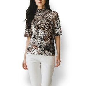 4/$20 Cache Animal Print Mock Neck Top Beaded Embellished Stretch Knit Medium